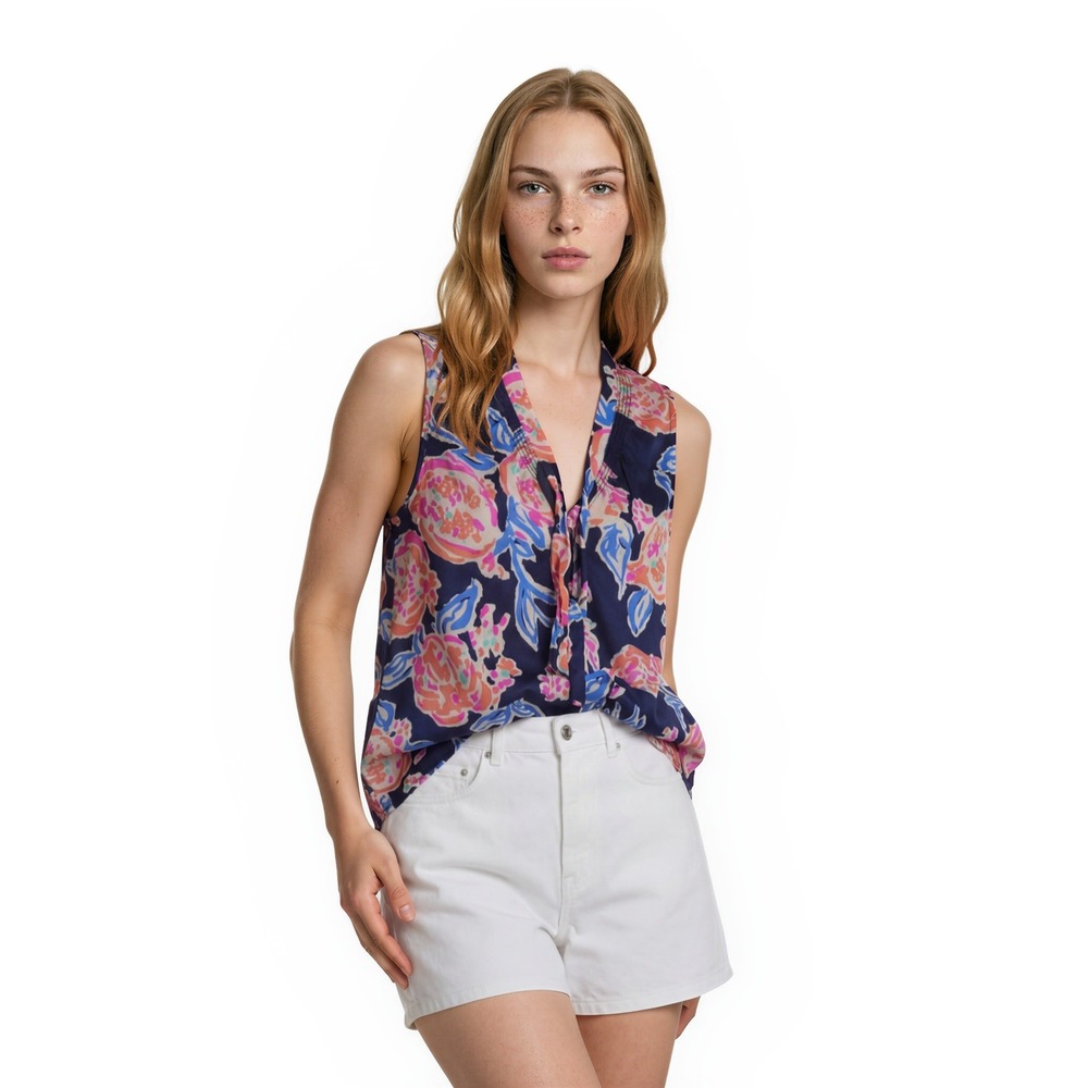 Lilly Pulitzer 100%‎ Silk Blouse Women's Size Large Navy Pink Floral Tie-Front